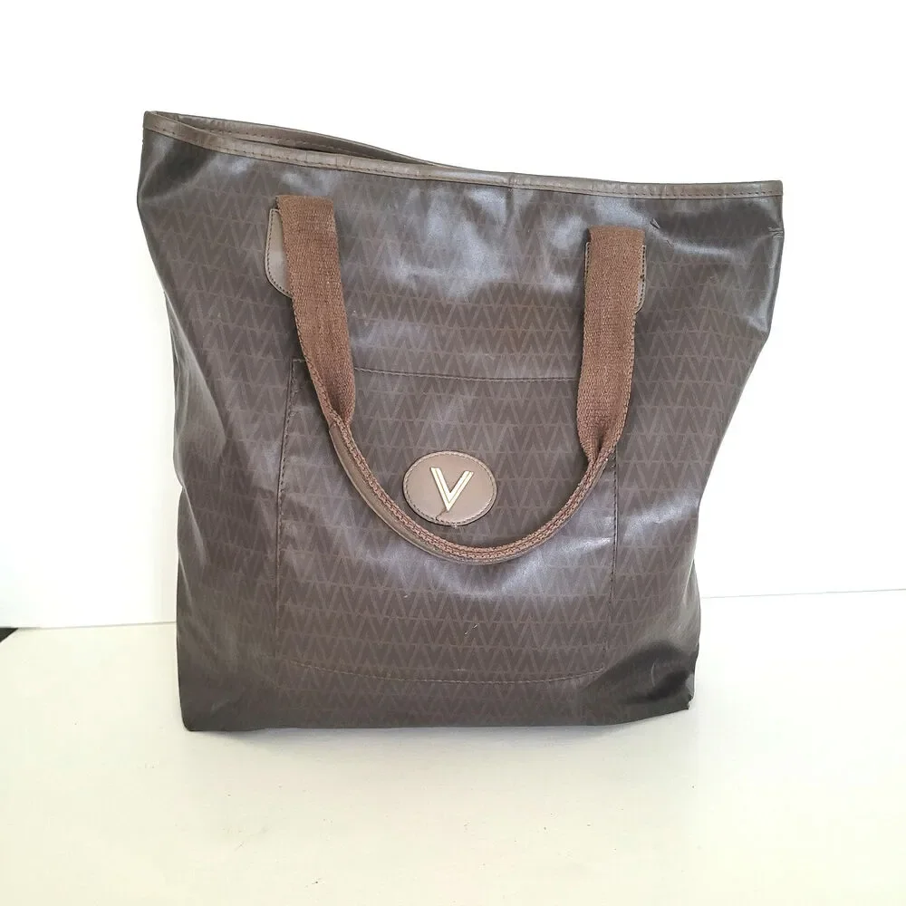 Mario Valentino Vintage Designer Tote Bag Handbag Large Travel Brown Unisex Logo